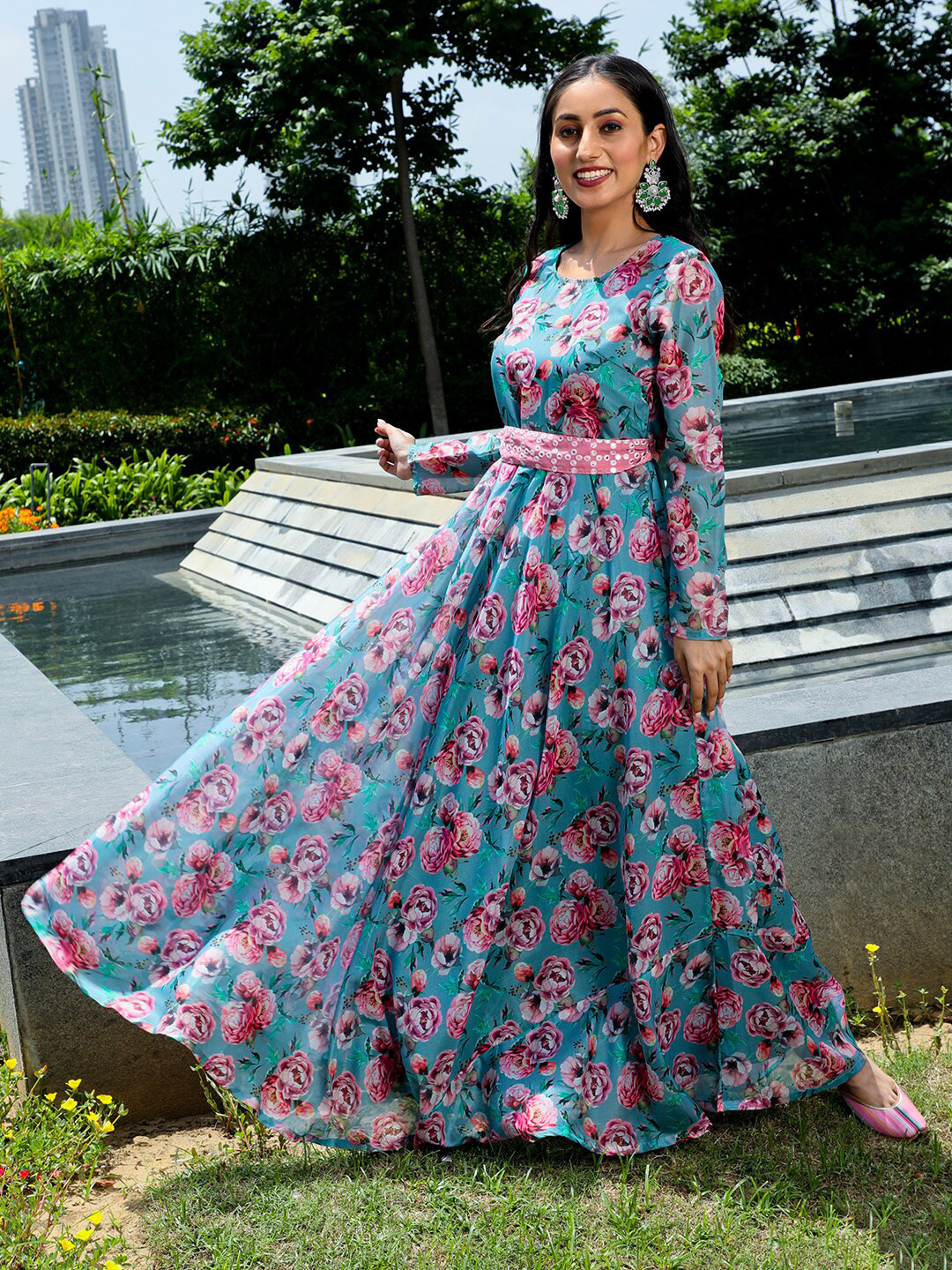 AKS Couture Floral Printed Fit & Flare Maxi Ethnic Dresses