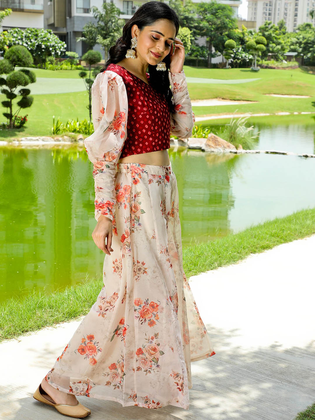 AKS Couture Floral Printed Organza Pure Silk Top & Palazzos