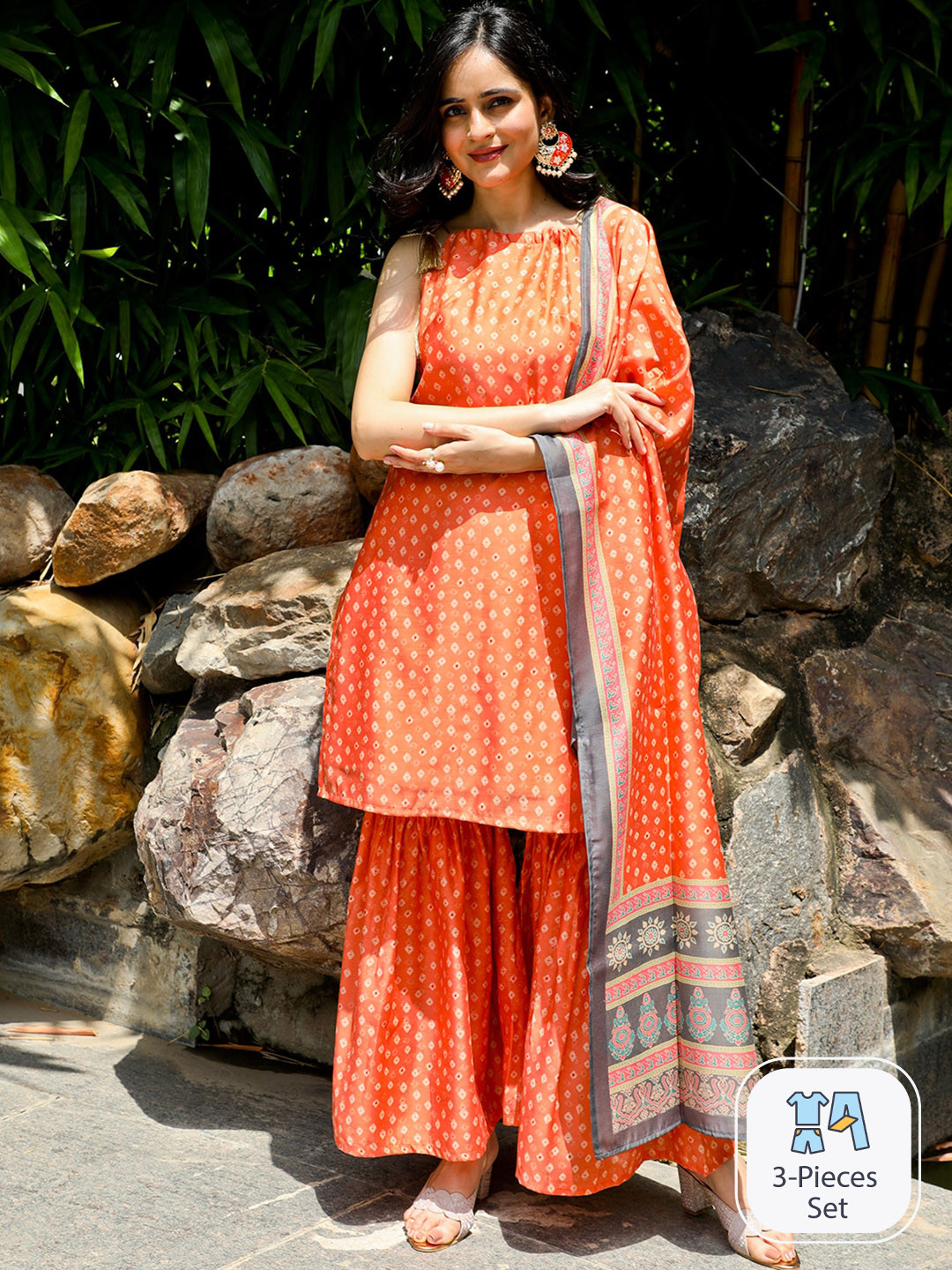 AKS Couture Bandhani Printed Tie-Up Neck Sleeveless Chanderi Silk Kurta Set With Dupatta