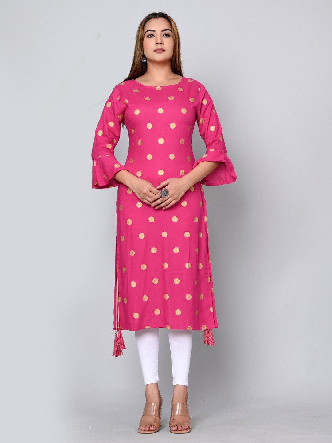 MAUKA Polks Dots Printed Bell Sleeves Straight Kurta