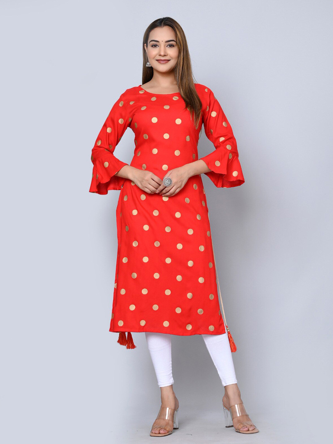 MAUKA Polks Dots Printed Bell Sleeves Straight Kurta
