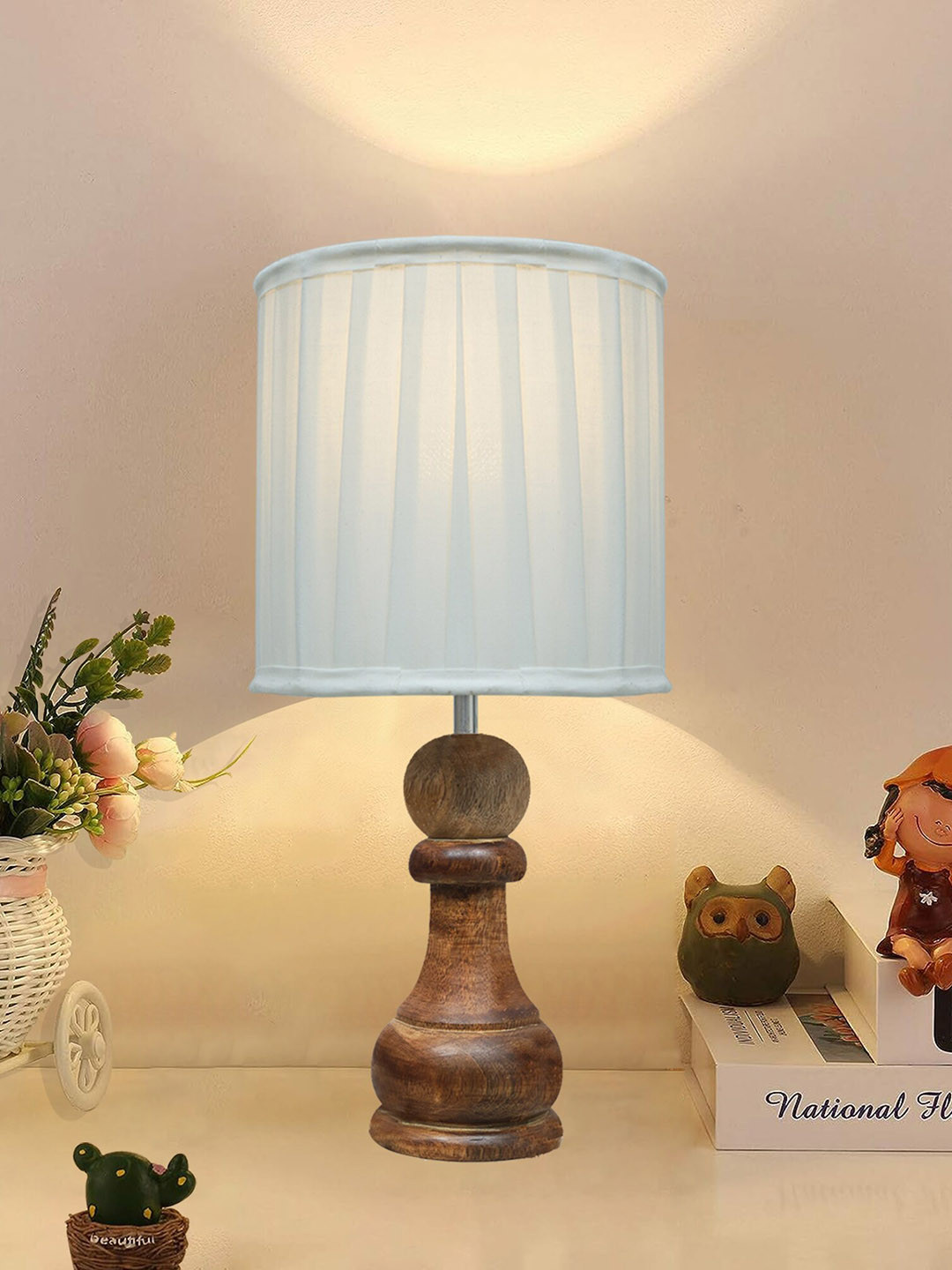 Homesake White & Brown Textured Wooden Table Lamp With Fabric Shade