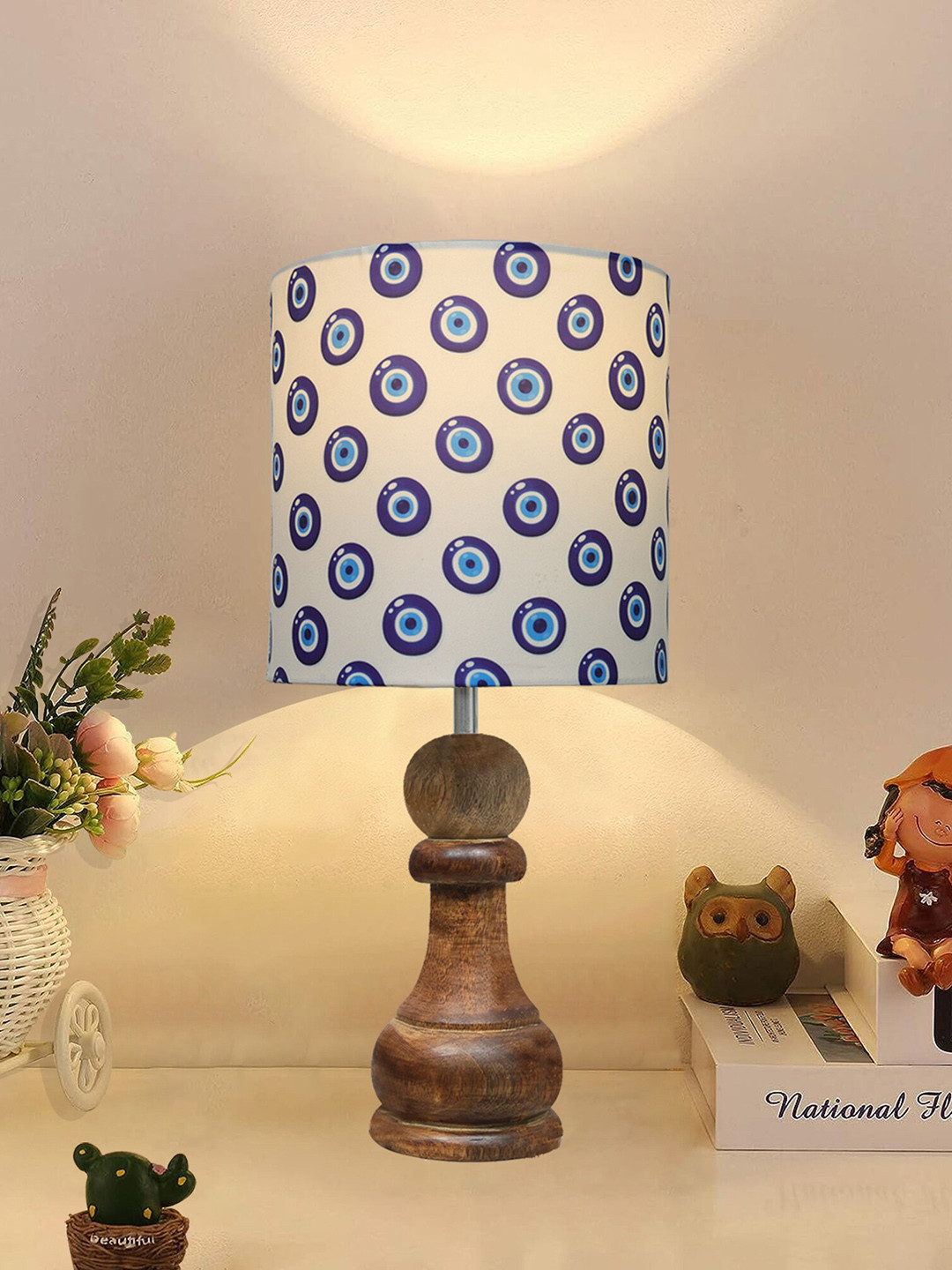 Homesake White & Blue Printed Wooden Table Lamp With Fabric Shade