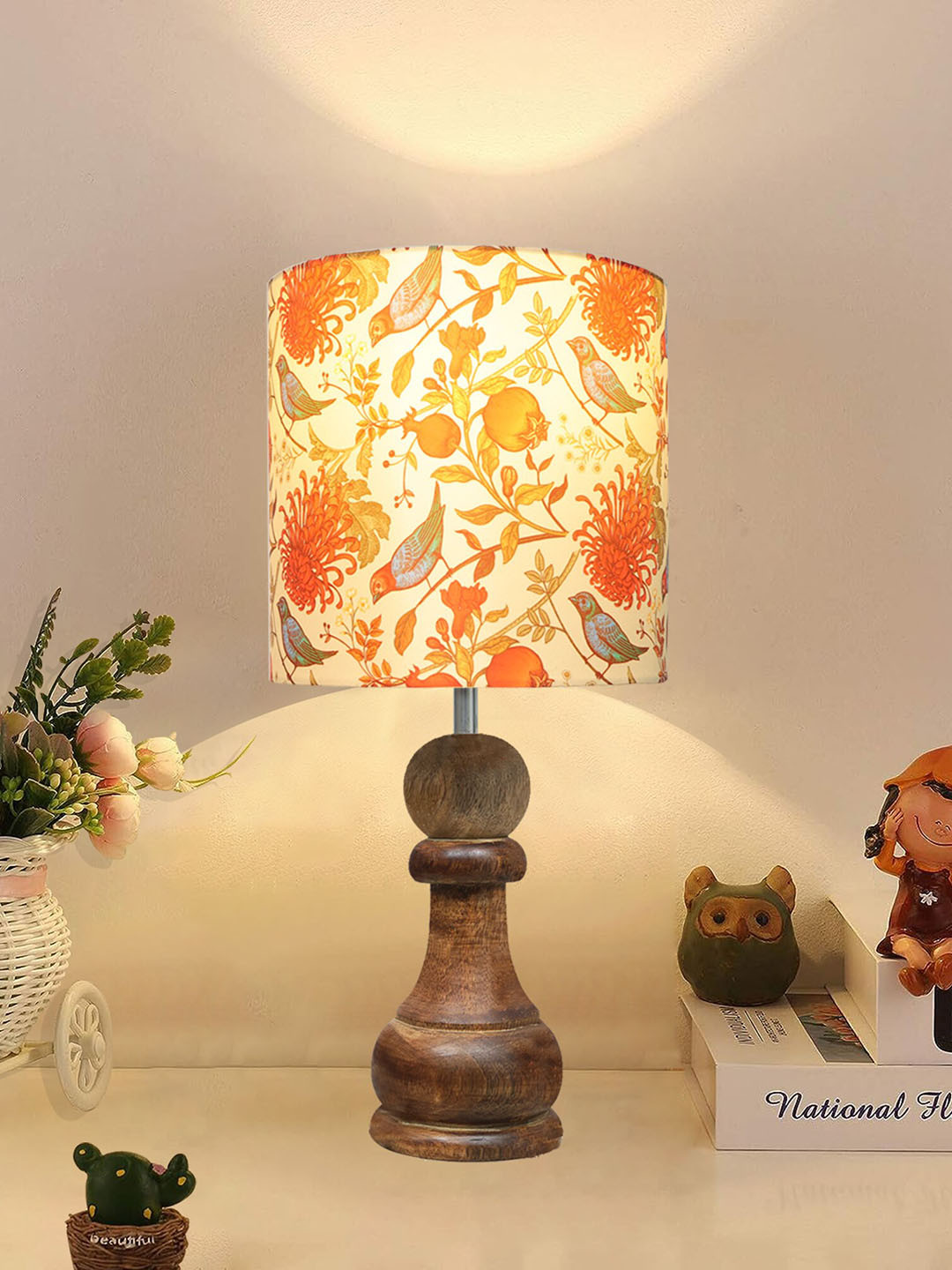 Homesake Off White & Red Printed Wooden Table Lamp With Fabric Shade