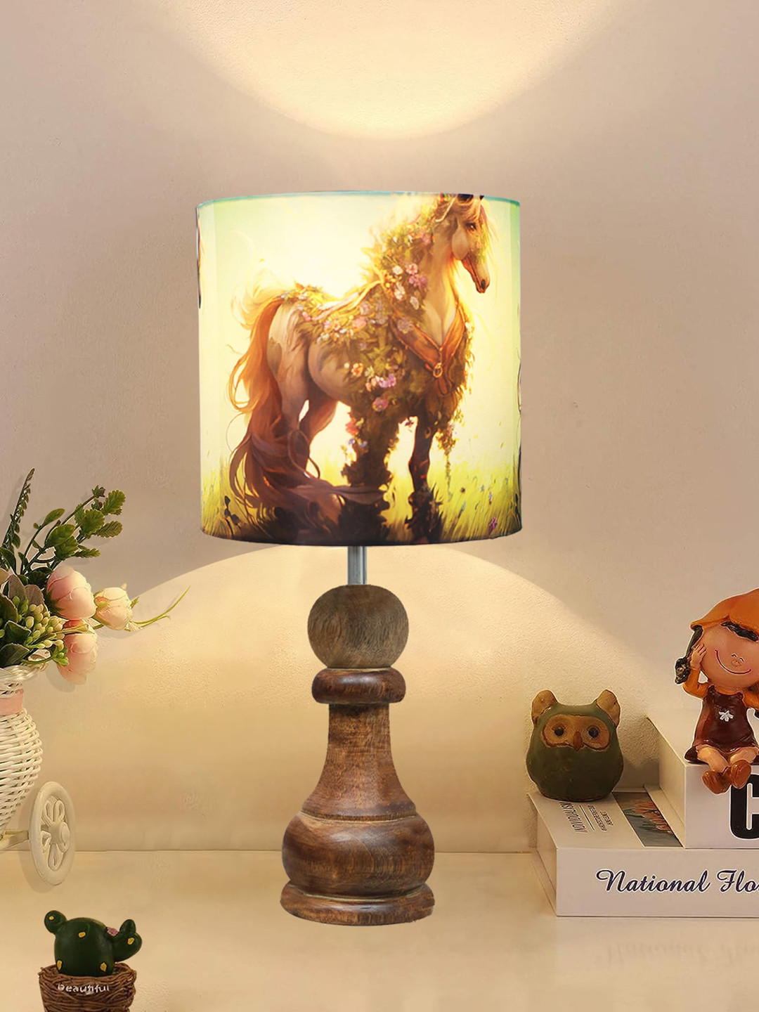 Homesake Green & Brown Printed Wooden Table Lamp With Fabric Shade