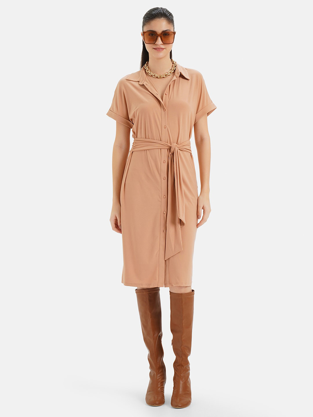 Kazo Shirt Collar Tie Up Shirt Dress