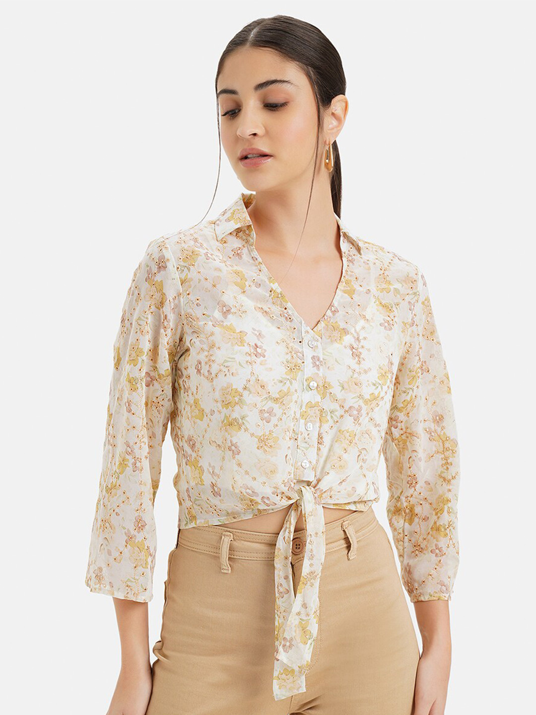 Kazo Floral Printed Knot Detail Crop Shirt Style Top