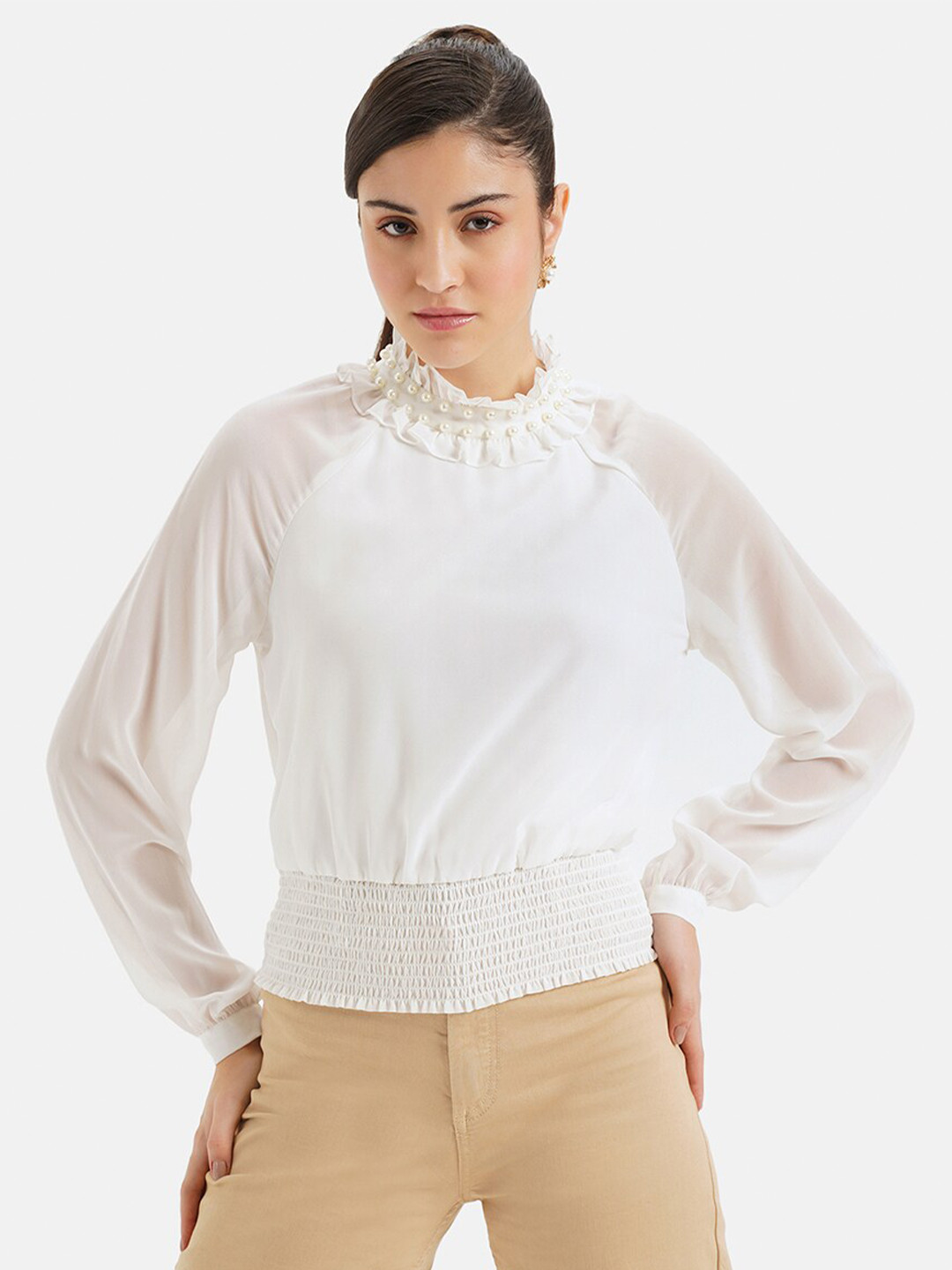 Kazo High Neck Embellished Smocked Georgette Top