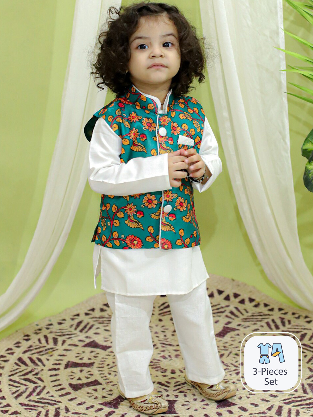BownBee Boys Mandarin Collar Regular Kurta with Pyjamas And Printed Nehru Jacket