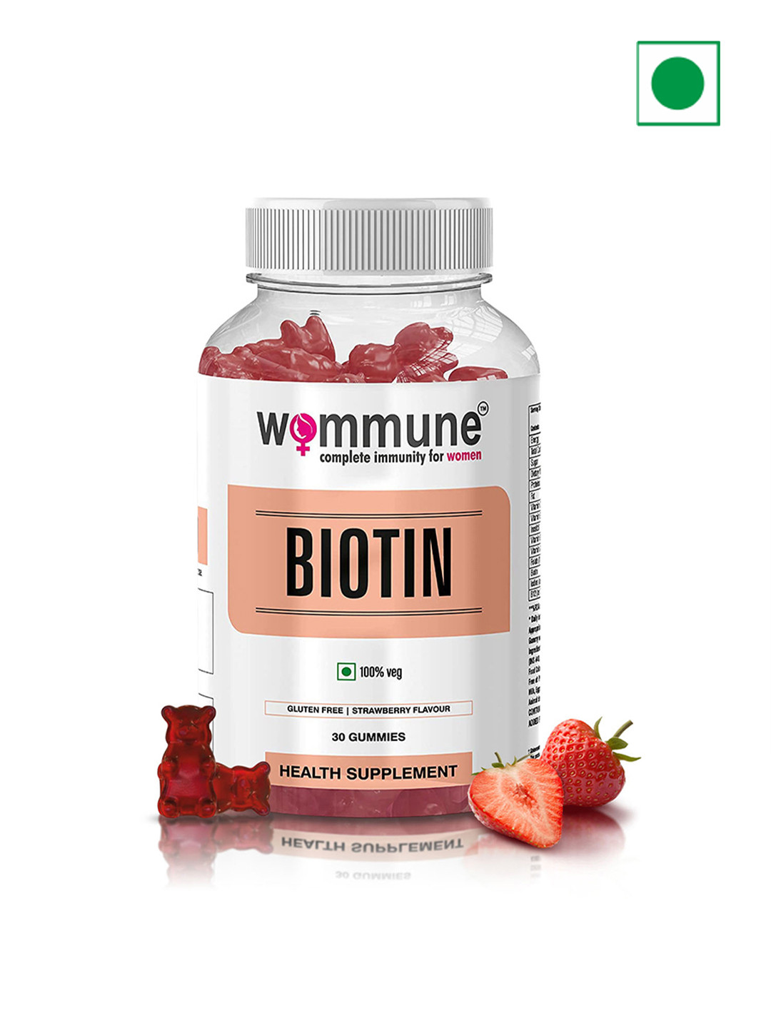 WOMMUNE Biotin Gummies for Hair, Skin & Nail Supplements - Strawberry Flavour - 30 Gummies
