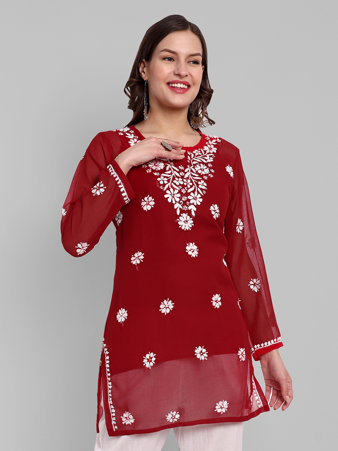 ADA Floral Embroidered Round Neck Long Sleeve Chikankari Straight Kurti With Slip