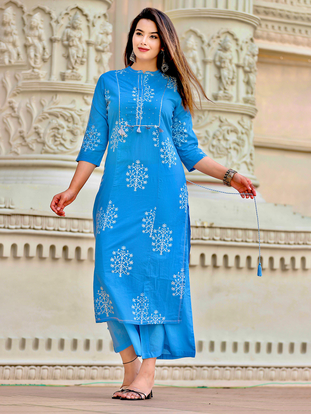 Rimeline Floral Printed Sequinned Pure Cotton Kurta