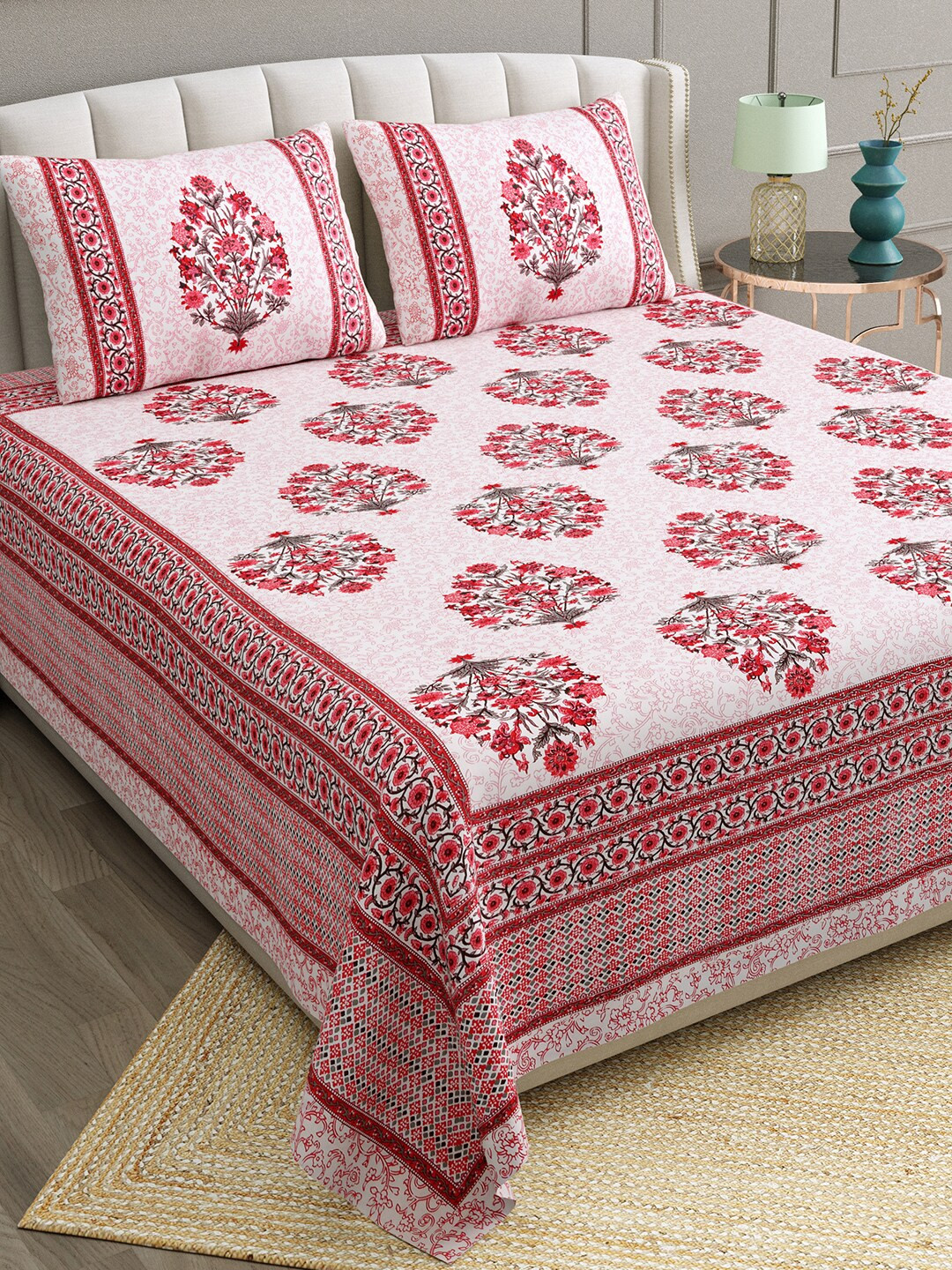 BELLA CASA Ethic Red & White Printed Cotton 180 TC King Bedsheet with 2 Pillow Covers