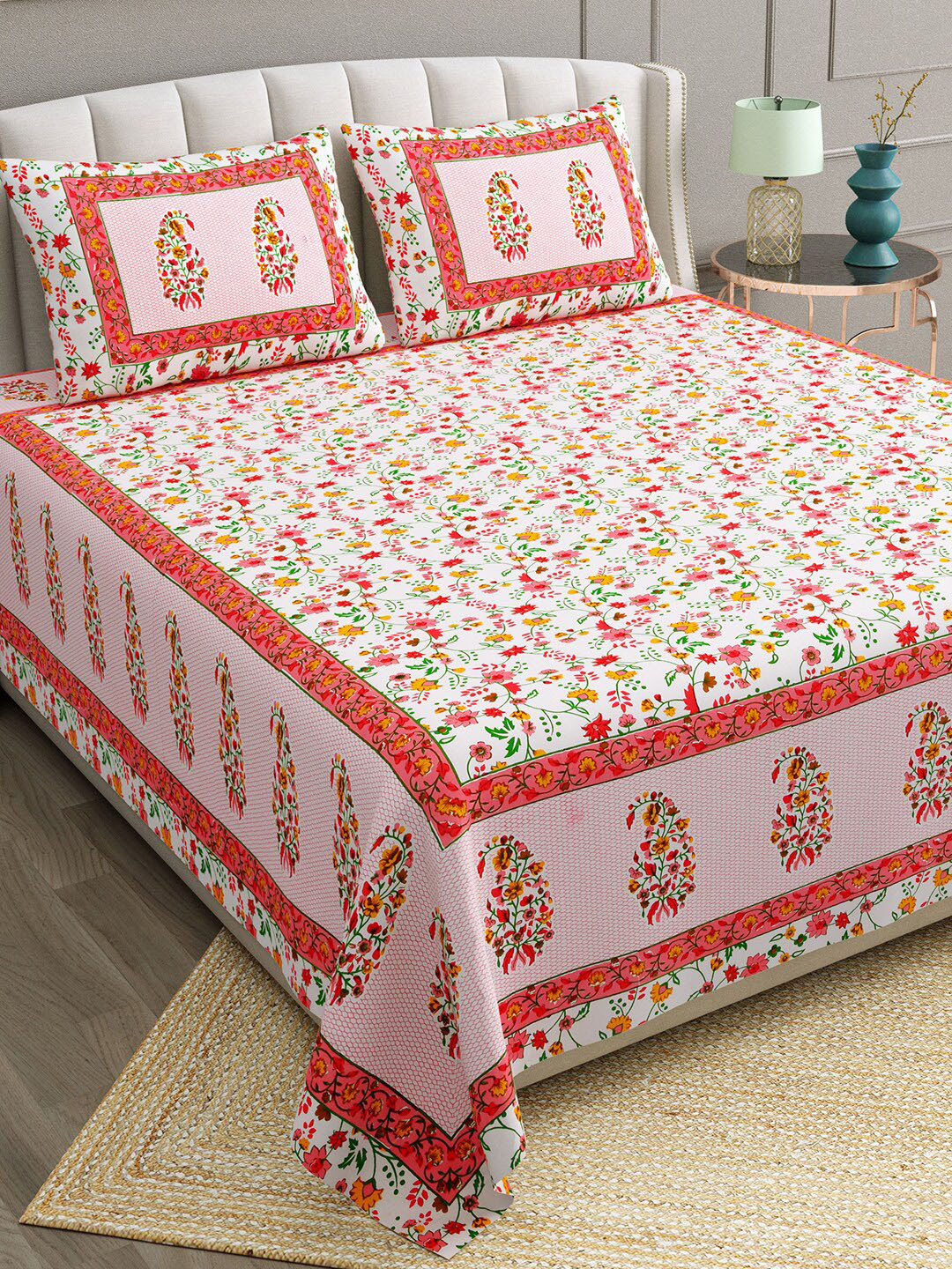 BELLA CASA Ethic White & Pink Printed Cotton 180 TC King Bedsheet with 2 Pillow Covers