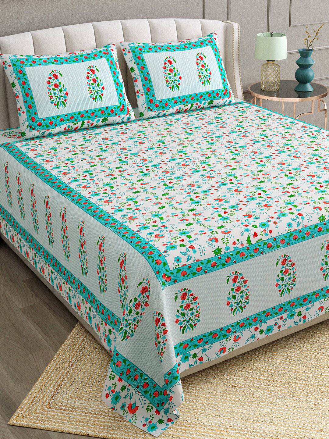 BELLA CASA Ethic Collection White Floral Cotton 180 TC King Fine Bedsheet with 2 Pillow Covers-108 x 91 inches