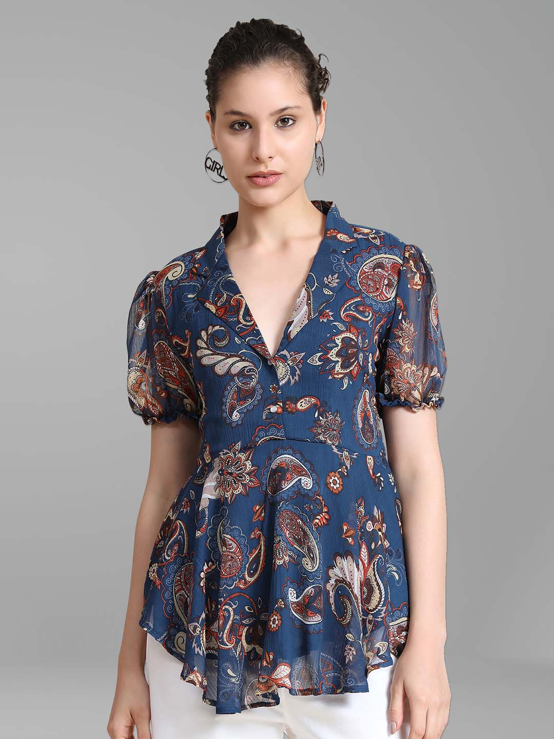 BAESD Ethnic Motifs Printed Lapel Collar Puff Sleeves Pleated Georgette High Low Top