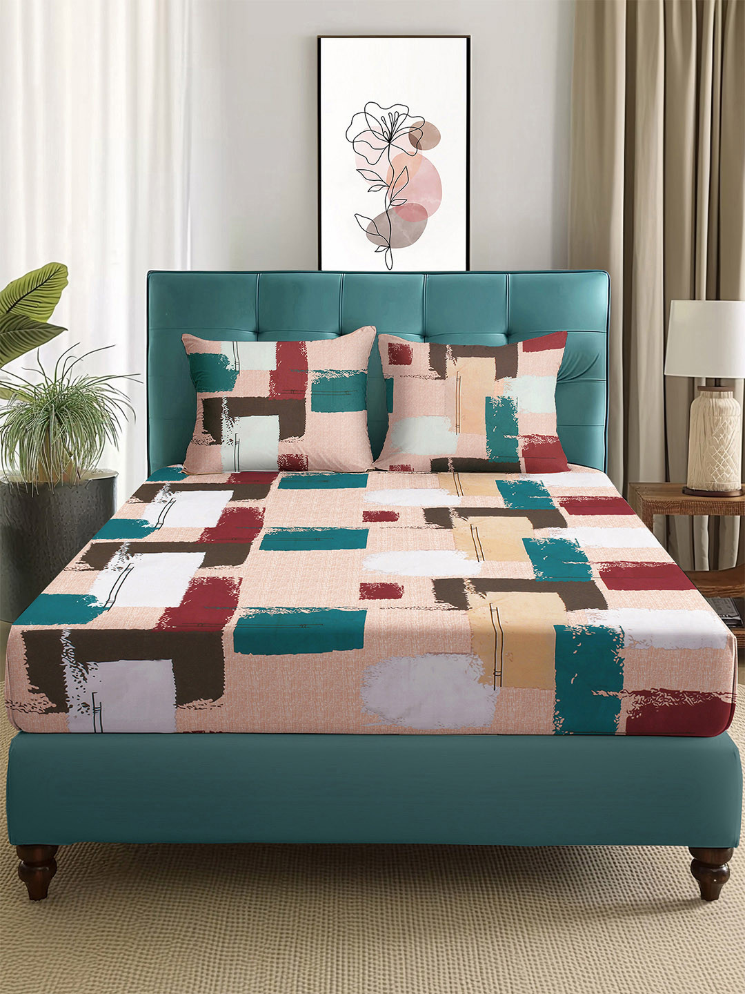 Story@home Arena Peach Abstract Microfiber Skin-Friendly 180 TC Queen Fine Bedsheet with 2 Pillow Covers-89 x 98 inches