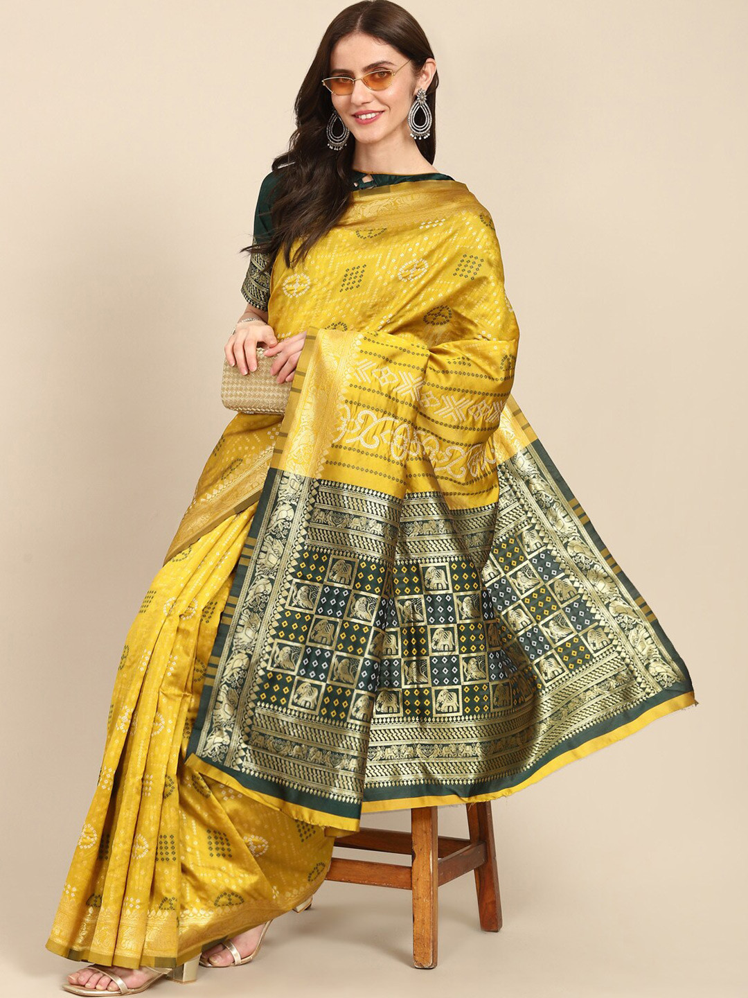 Mitera Woven Design Zari Silk Cotton Bandhani Saree