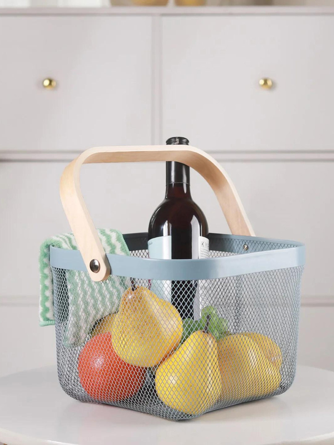 Nestasia Blue Metal Mesh Basket with Wooden Handle