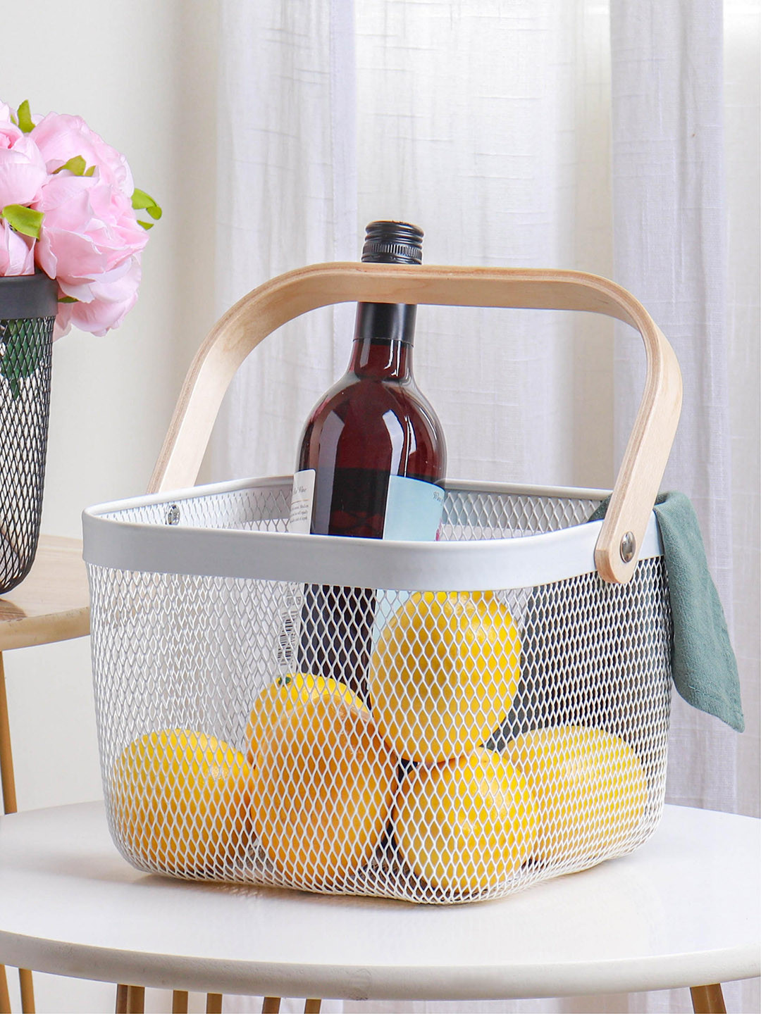 Nestasia White Metal  Mesh Fruit Basket With Wooden Handle