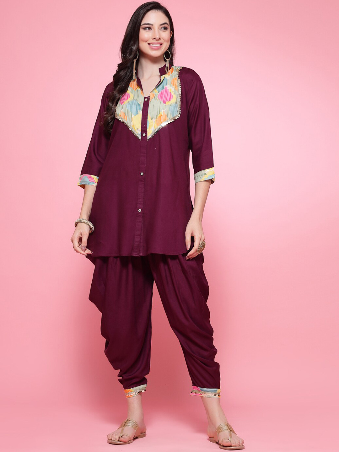Clora Creation Burgundy Yoke Design Mandarin Collar A-Line Kurta Set