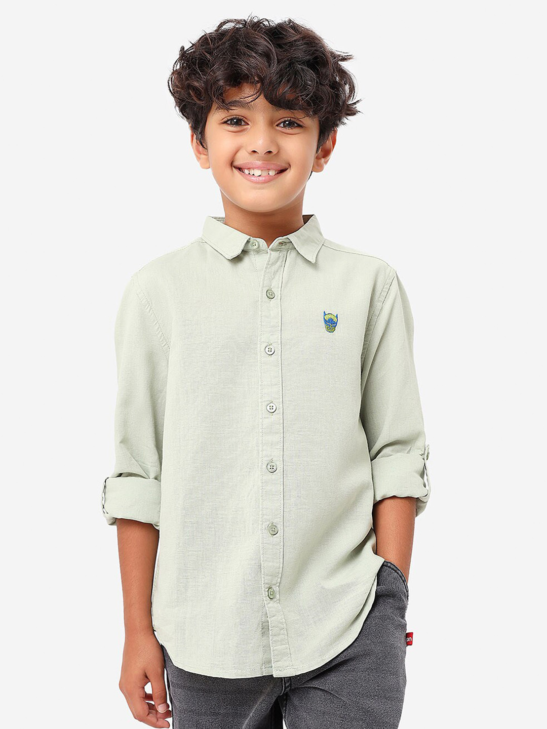 BONKIDS Boys Spread Collar Casual Cotton Shirt With Captain America Embroidery