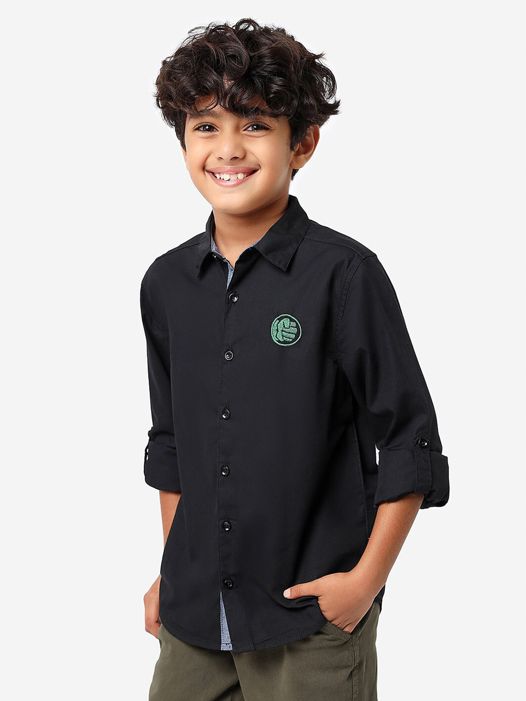 BONKIDS Boys Spread Collar Casual Cotton Shirt With Hulk Embroidery