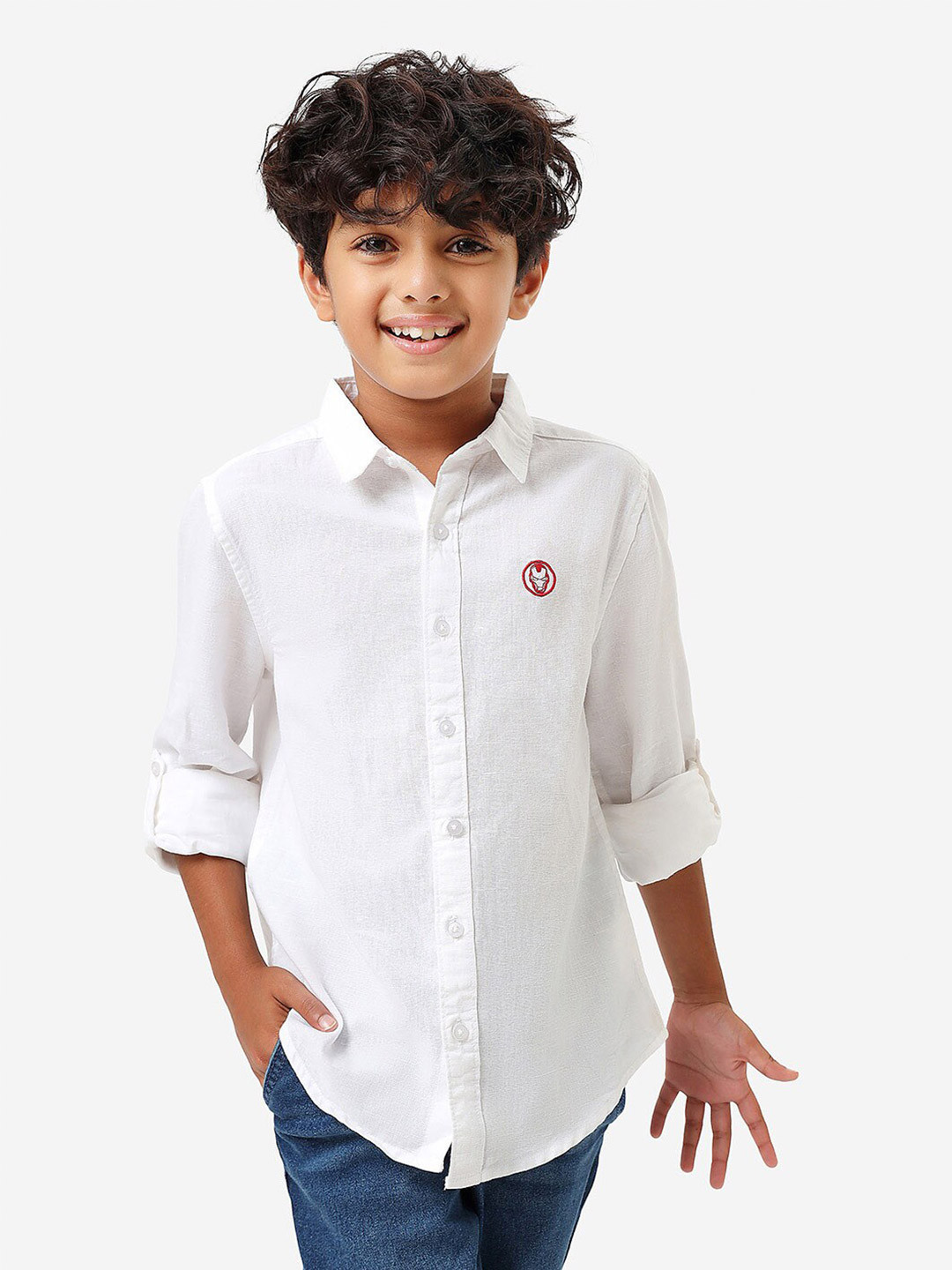 BONKIDS Boys Spread Collar Casual Cotton Shirt With Iron Man Embroidery