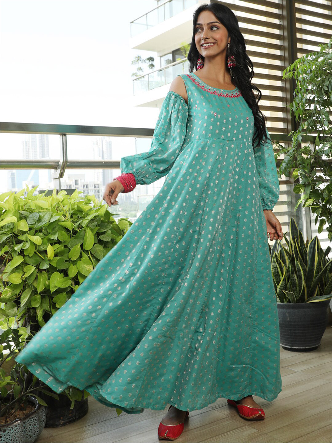 AKS Couture Geometric Printed Puff Sleeves Cut Our Silk Maxi Dress