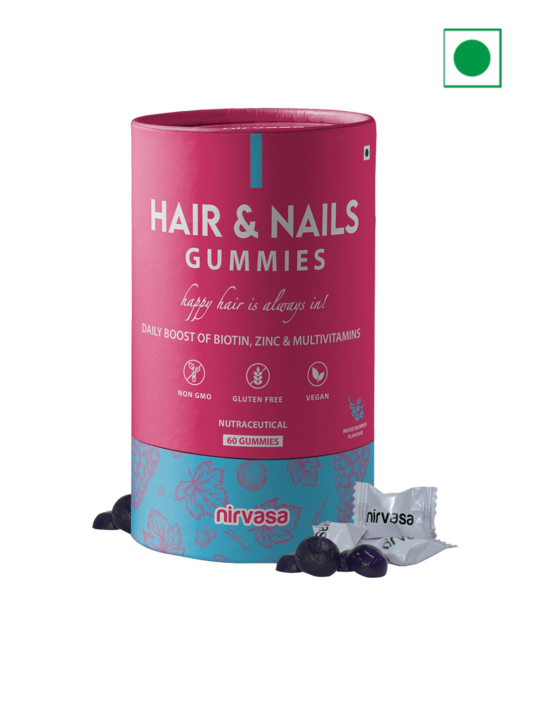 Nirvasa Hair & Nail Gummies with Biotin & Multivitamins - Mix Berries Flavour - 60 Gummies