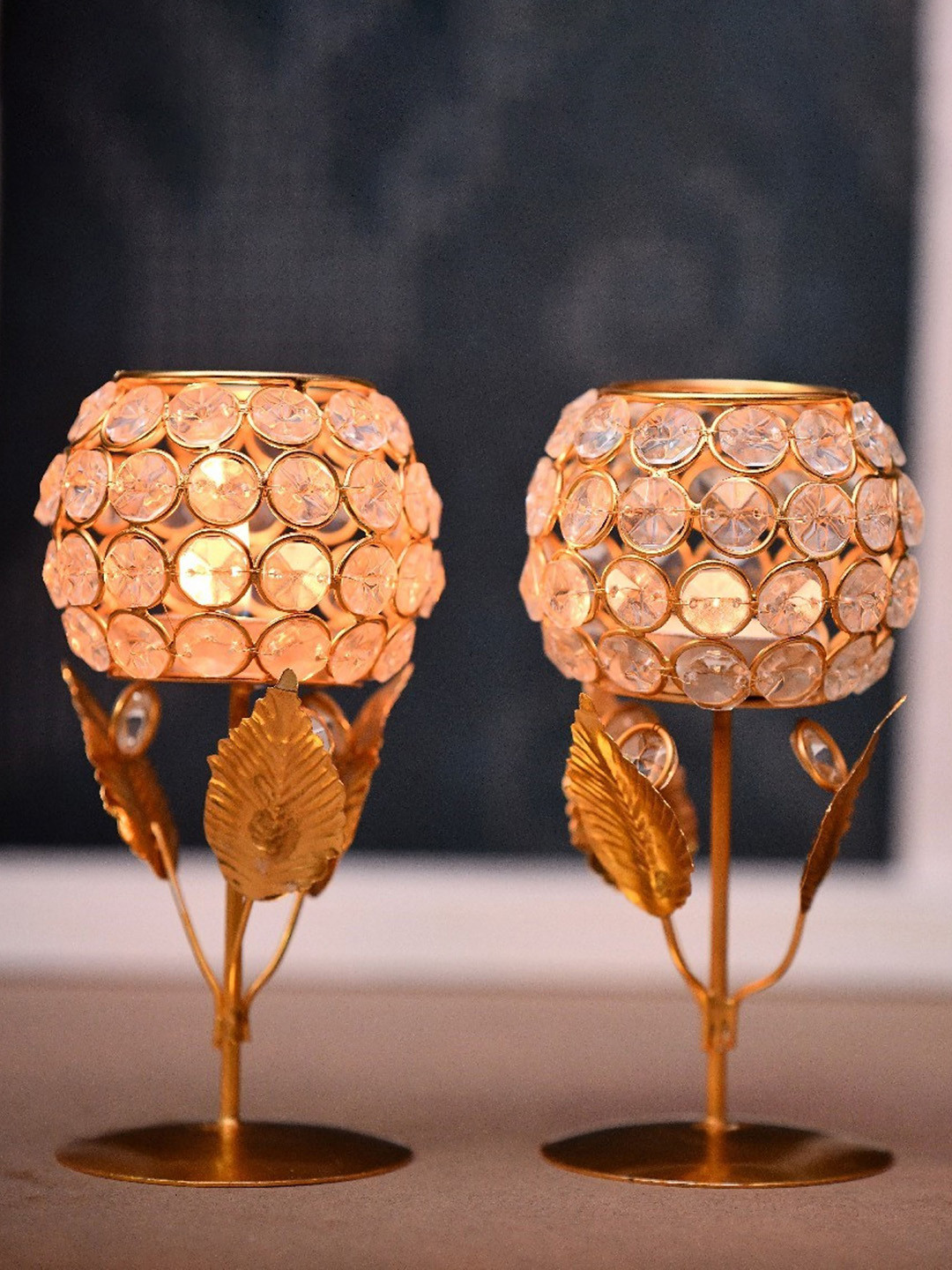 Fashion Bizz 2-Pcs Golden Crystal Studded Tea Light Candle Holders