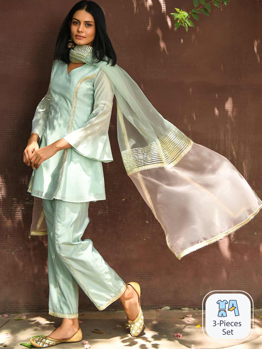 NUHH V-Neck Gotta Patti Bell Sleeve Kurti with Trousers & With Dupatta