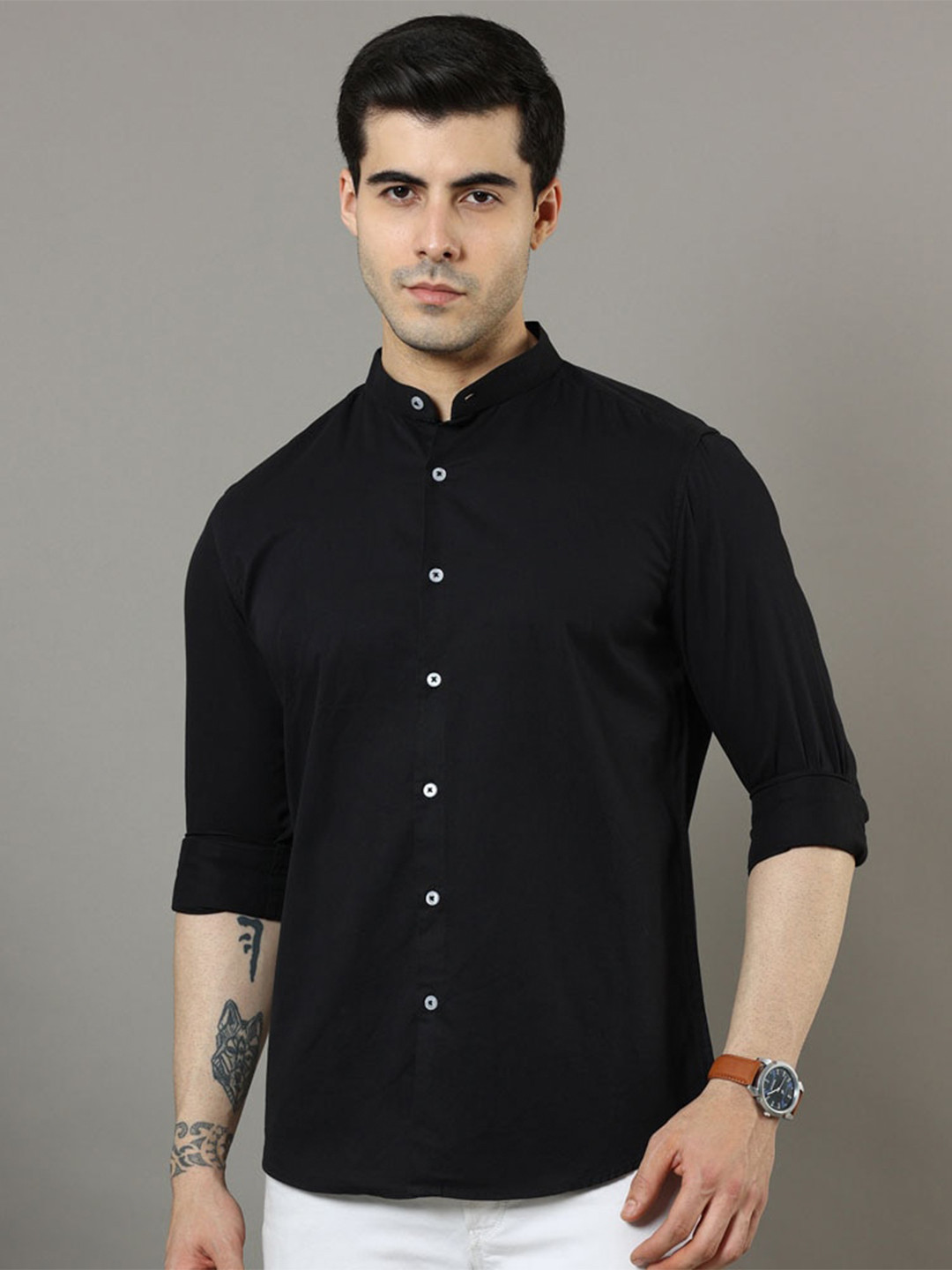 Bushirt Cotton Mandarin Collar Classic Opaque Casual Shirt