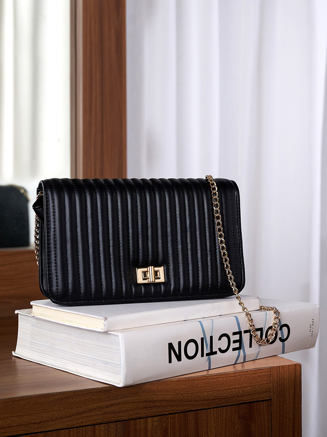 Accessorize London Women Black Sonny Quilted Chain Shoulder Bag