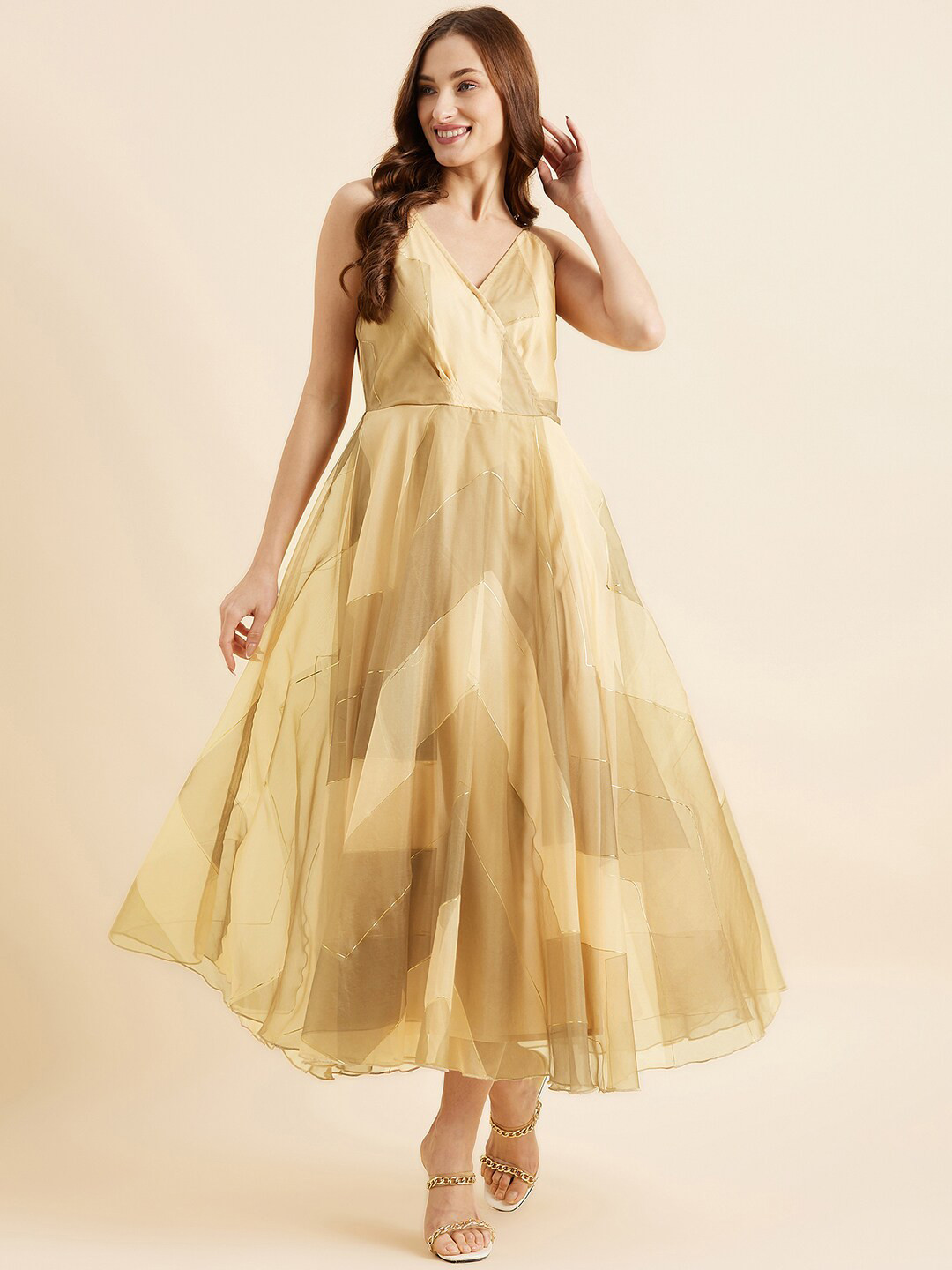 PANIT Gold Toned & Beige Geometric Printed Shoulder Straps Maxi Dress