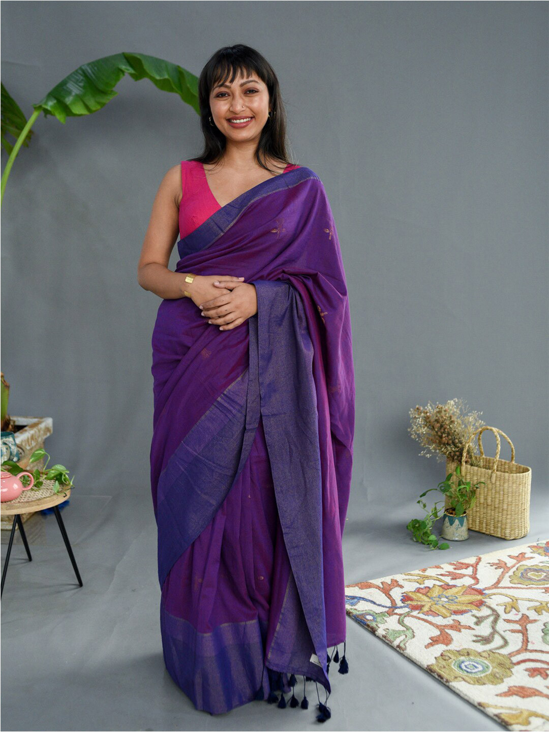Suta Purple Floral Woven Design Zari Pure Cotton Saree