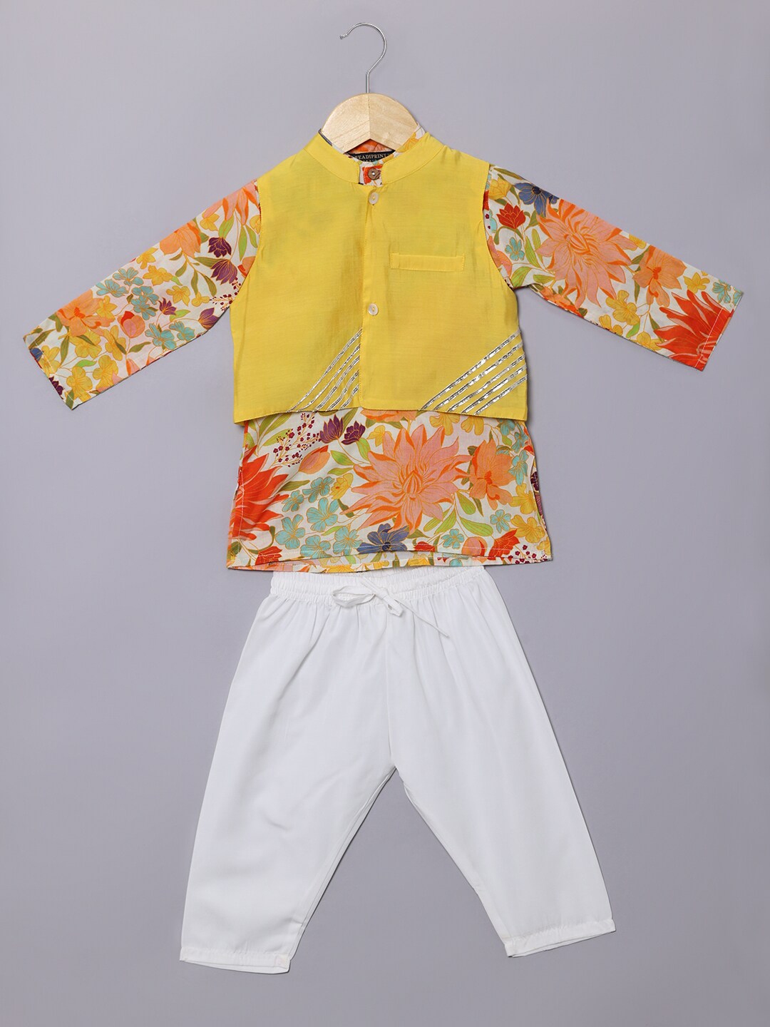 Floral printed nehru jacket with white kurta and pyjama - set of 3 by The  Weave Story