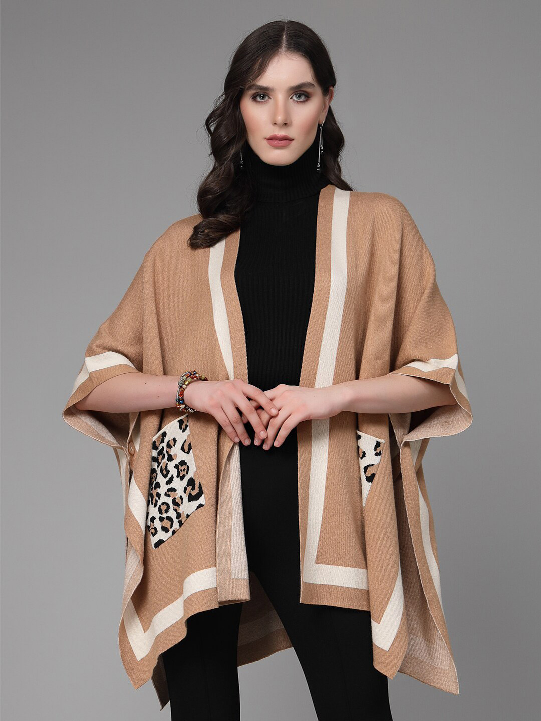 Mafadeny Lapel Collar Longline Poncho Sweaters