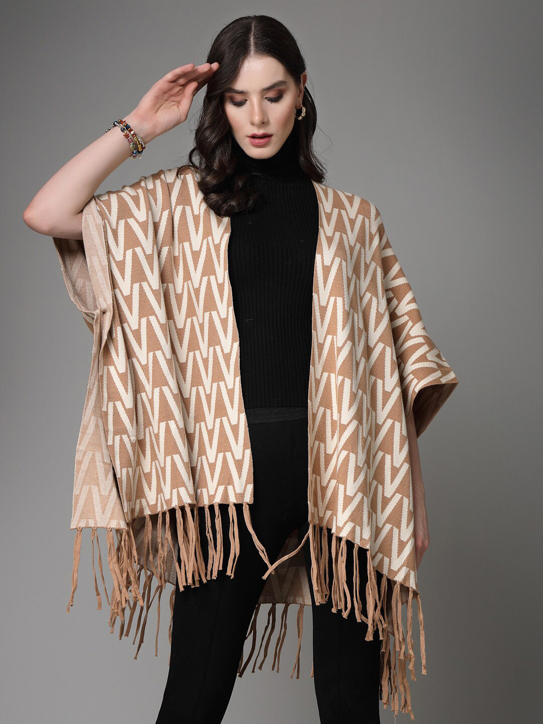 Mafadeny Geometric Printed Lapel Collar Longline Poncho