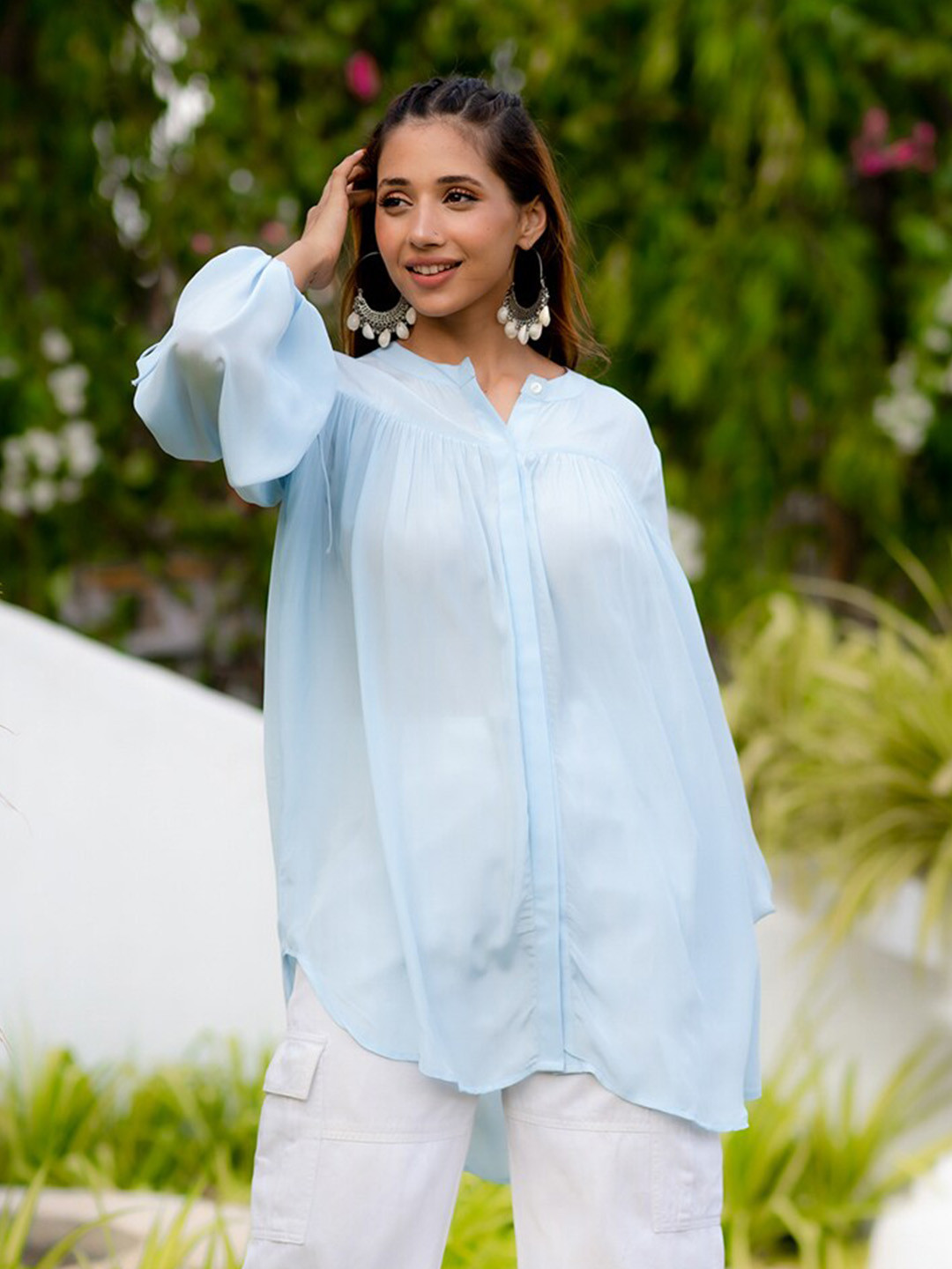 Ambraee Puff Sleeves Gathered Or Pleated Satin Shirt Style Longline Top