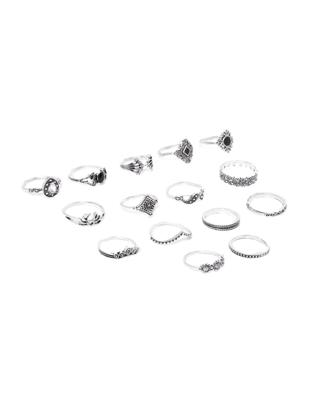 Jewels Galaxy Set Of 15 Silver-Plated Oxidized Stone Studded Finger Rings