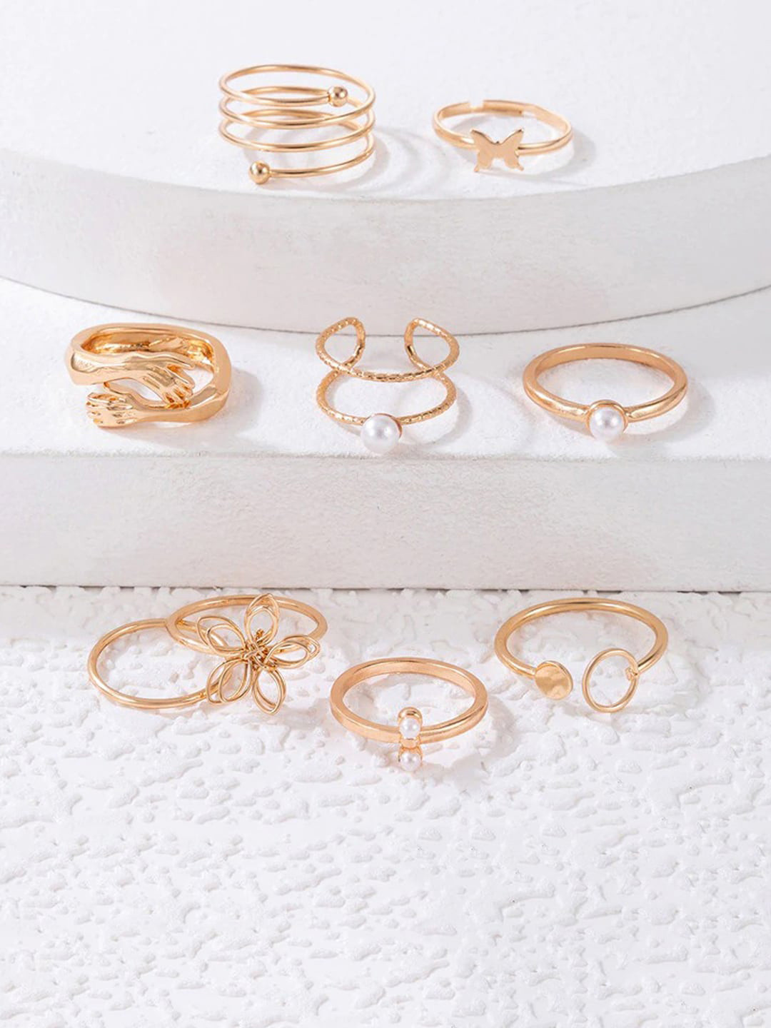 Jewels Galaxy Set Of 9 Gold-Plated Beaded Finger Rings