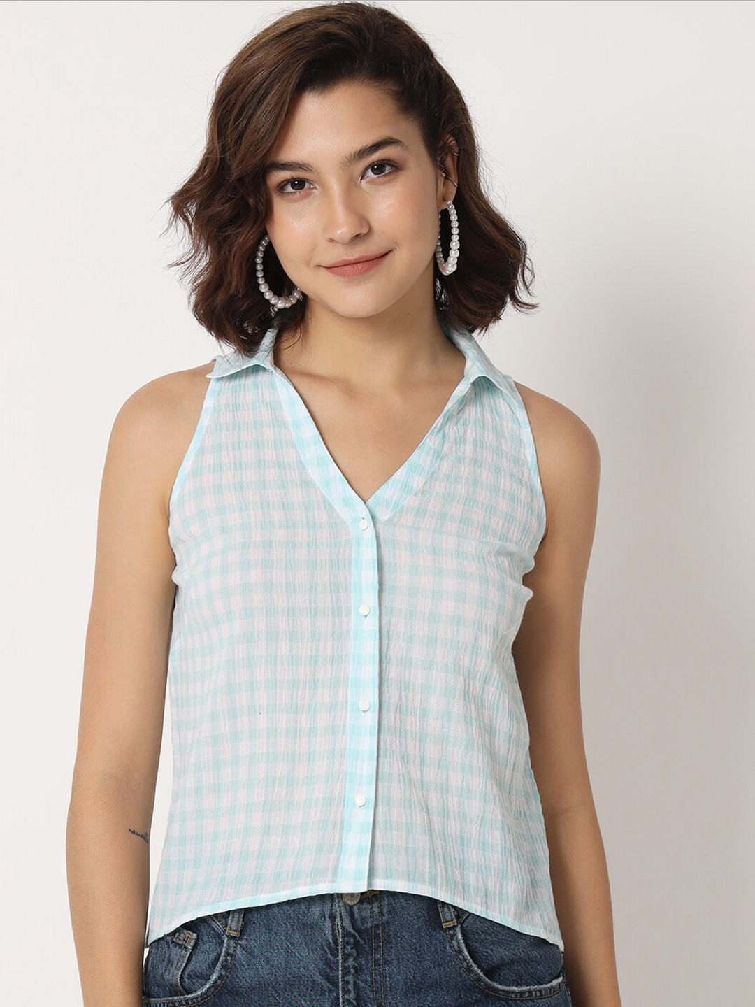 CHARMGAL Checked Sleeveless Cotton Shirt Style Top