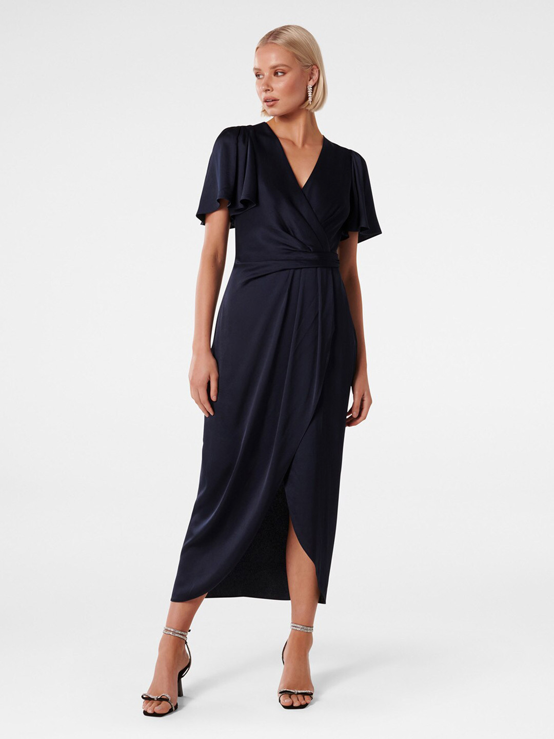 Forever New Flared Sleeve Satin Wrap Maxi Dress