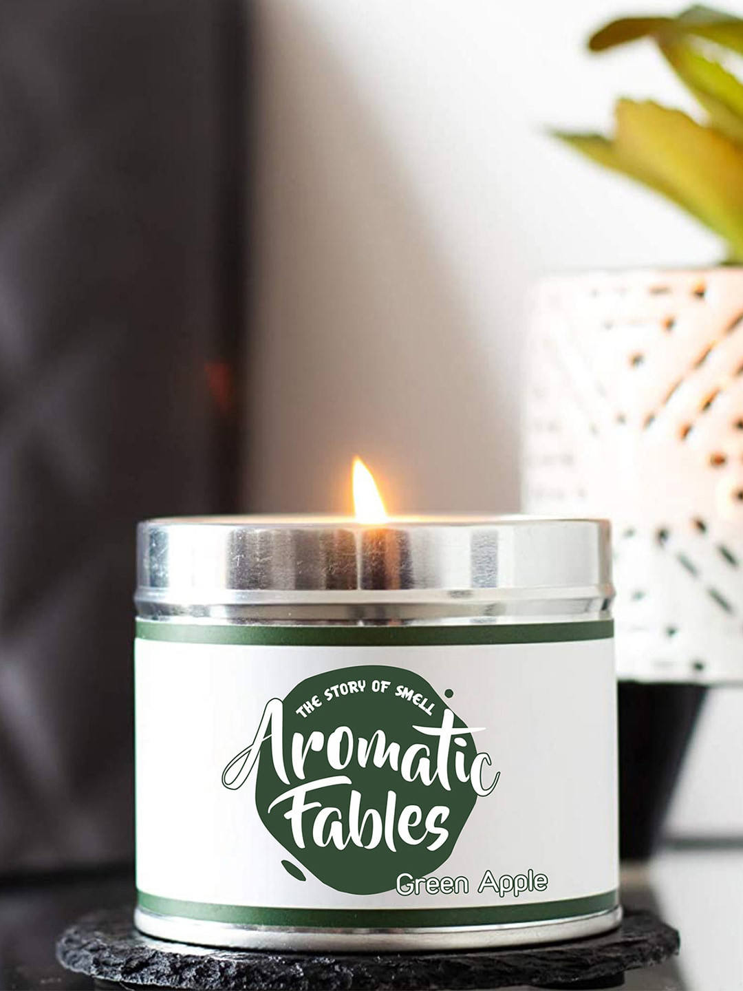 Aromatic Fables Tin Jar Candle Scented 1 Wick Green Apple Solid Geometric Regular Candles