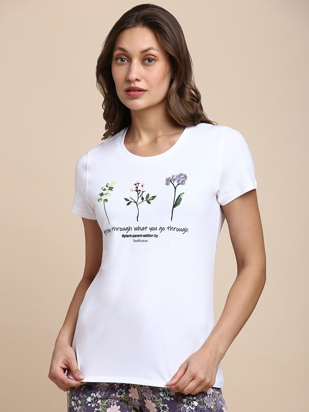 Van Heusen Women Cotton Graphic Print Round Neck Lounge T-Shirt Breathable Fabric