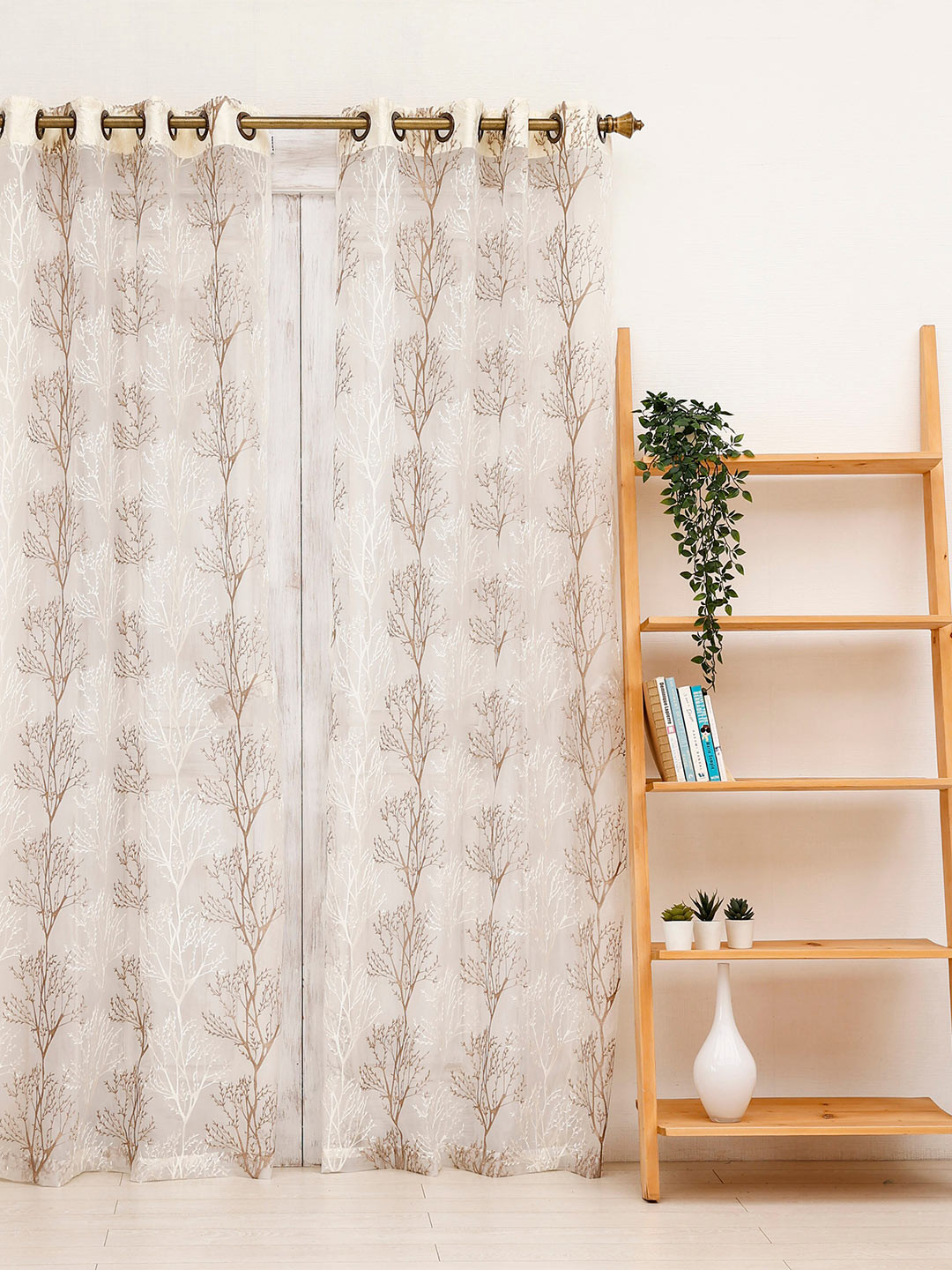 Ariana Beige & White Floral Sheer Door Curtain