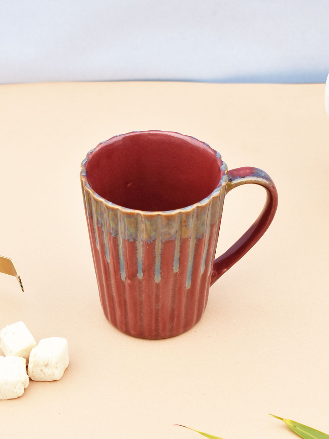 Folkstorys Maroon Striped Ceramic Handmade Mug-300ml
