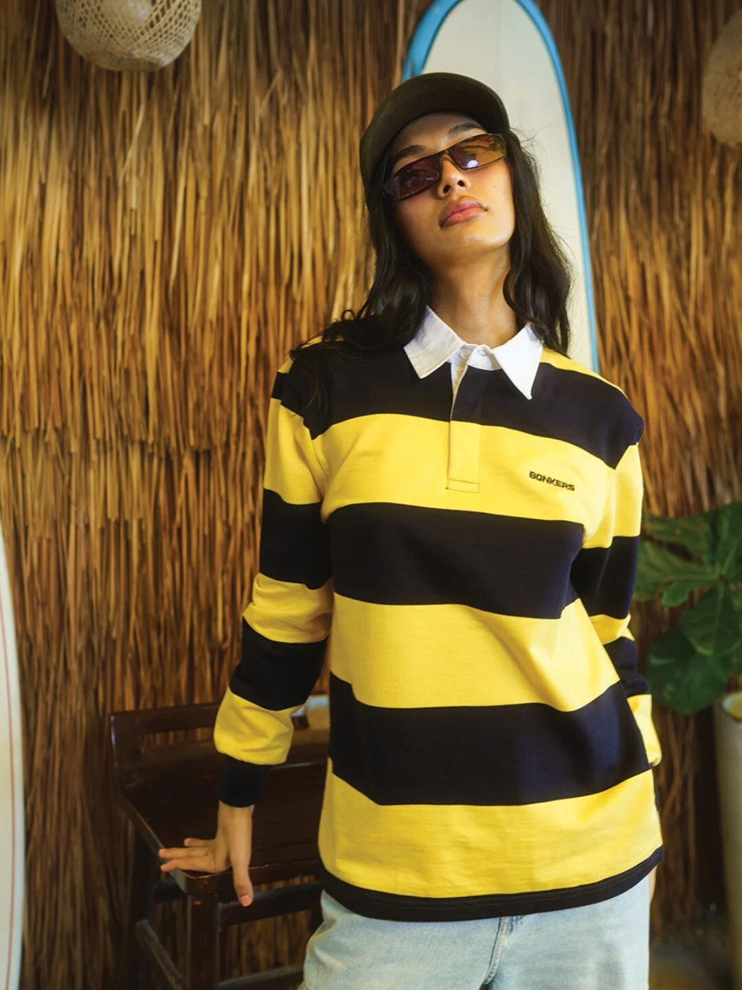 Bonkers Corner Striped Polo Collar Relaxed Fit Cotton T-shirt