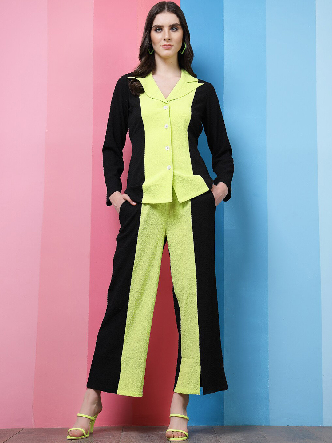 Athena Black Colourblocked Notched Lapel Collar Shirt With Trousers